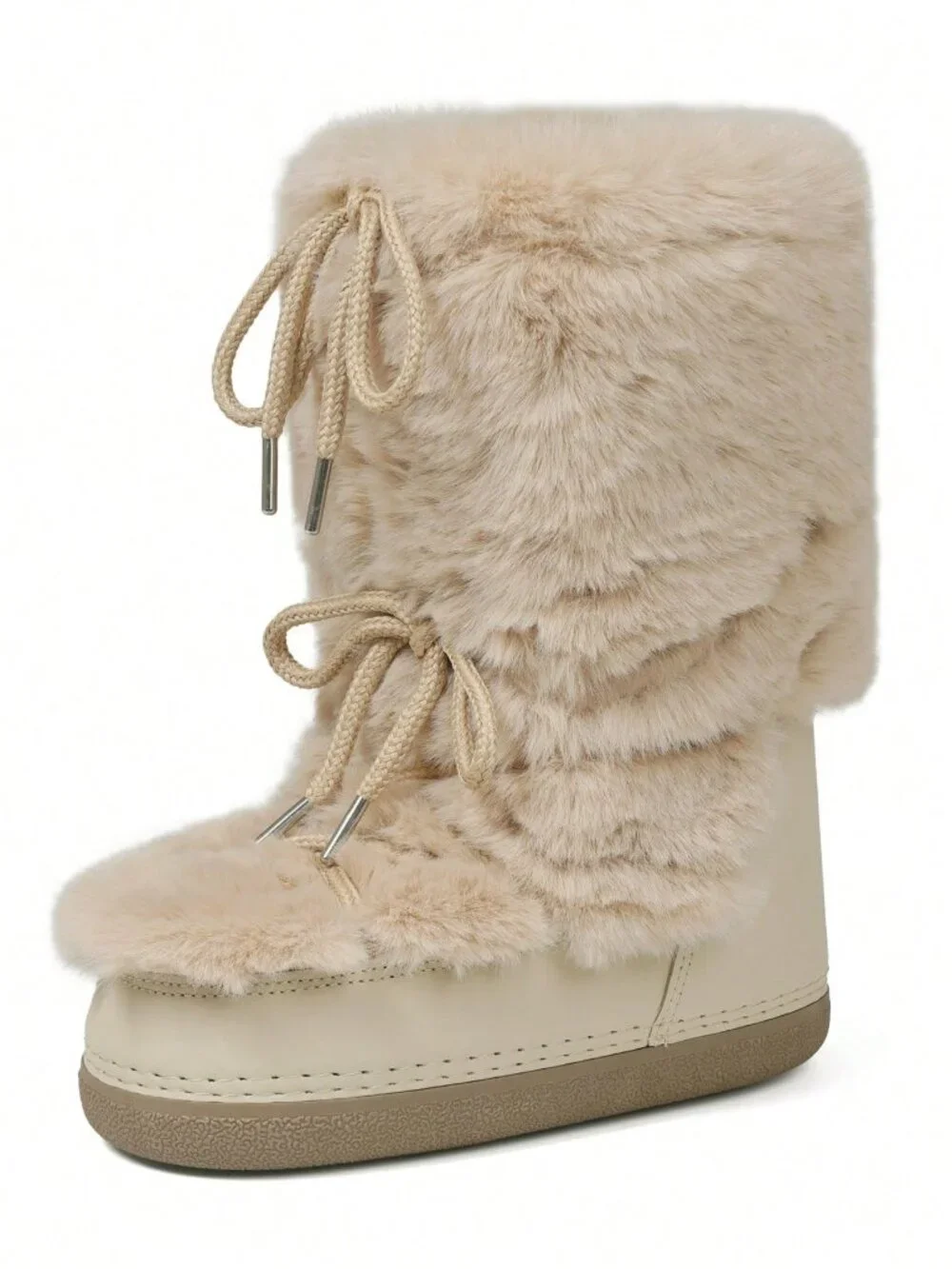 Apricot Cute Women's Lace-Up Fuzzy Fluffy Round Toe Platform Slip On Snow Boots